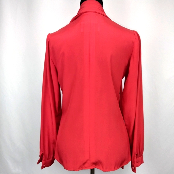 Vintage ADOLFO 100% Silk Cherry Red Tie Neck Long Sleeve Blouse Size Small - Picture 3 of 11